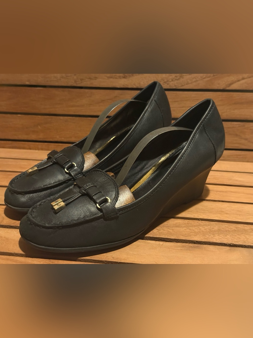 Lauren Ralph Lauren Rory Black Leather Wedge Loafers with Gold Hardware